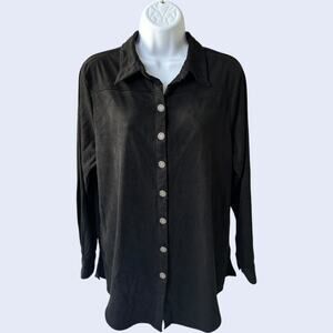 BonWorth XSP Faux Suede Button-Up Blouse Black Long Sleeve